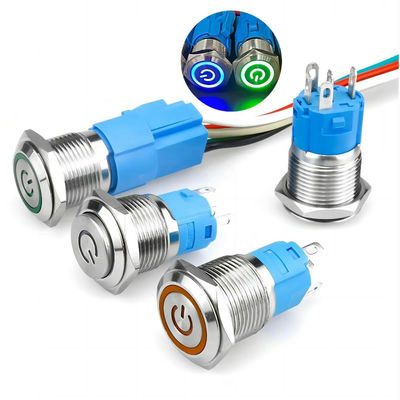 16mm στιγμιαία κλειδαριά υψηλού ρεύματος LED φωτισμένο IP67 αδιάβροχο μεταλλικό κουμπί 10A αυτοκλείδωσης με σύρμα
